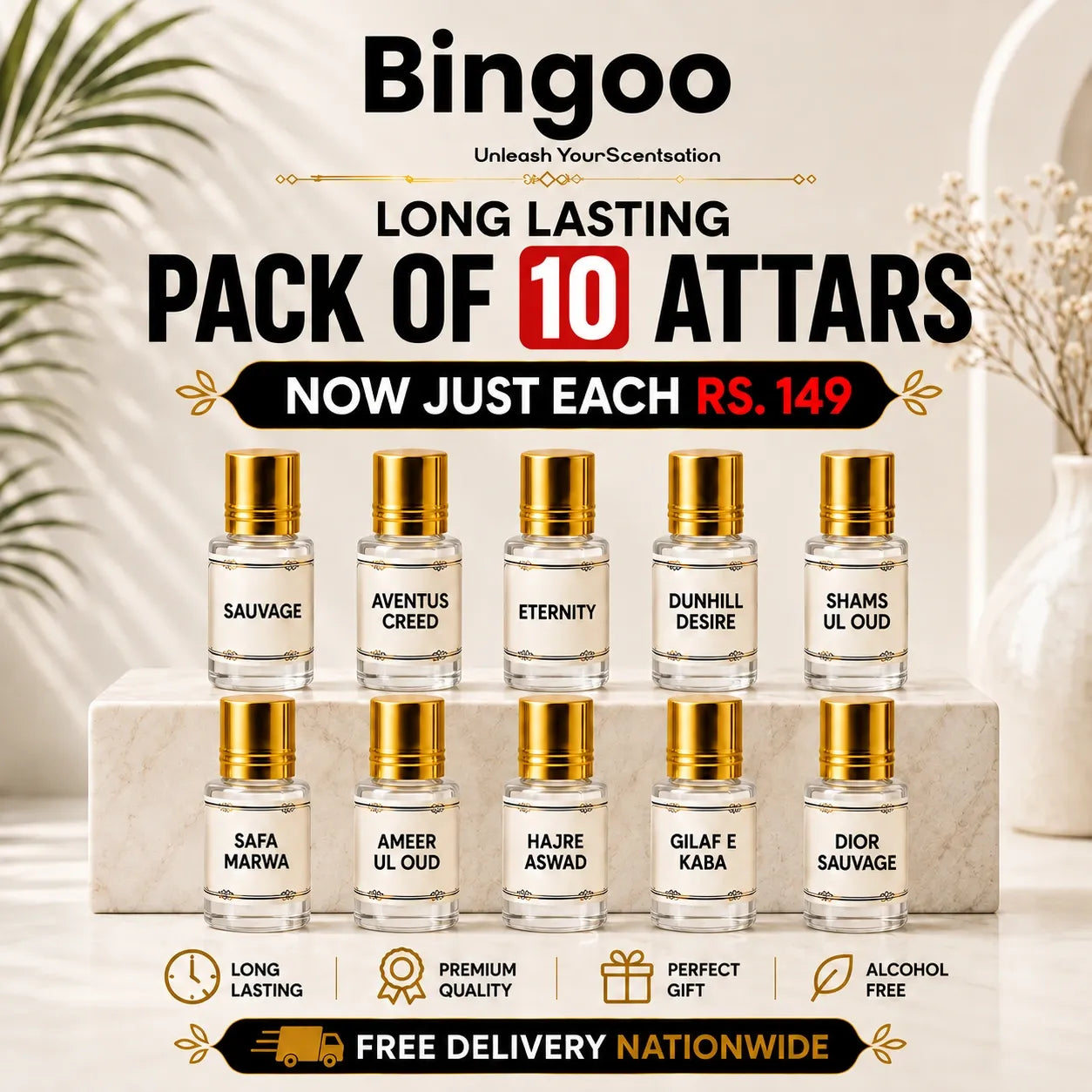 Bingoo PACK of 10 Branded Premium Attars - (Free Delivery Nationwide)