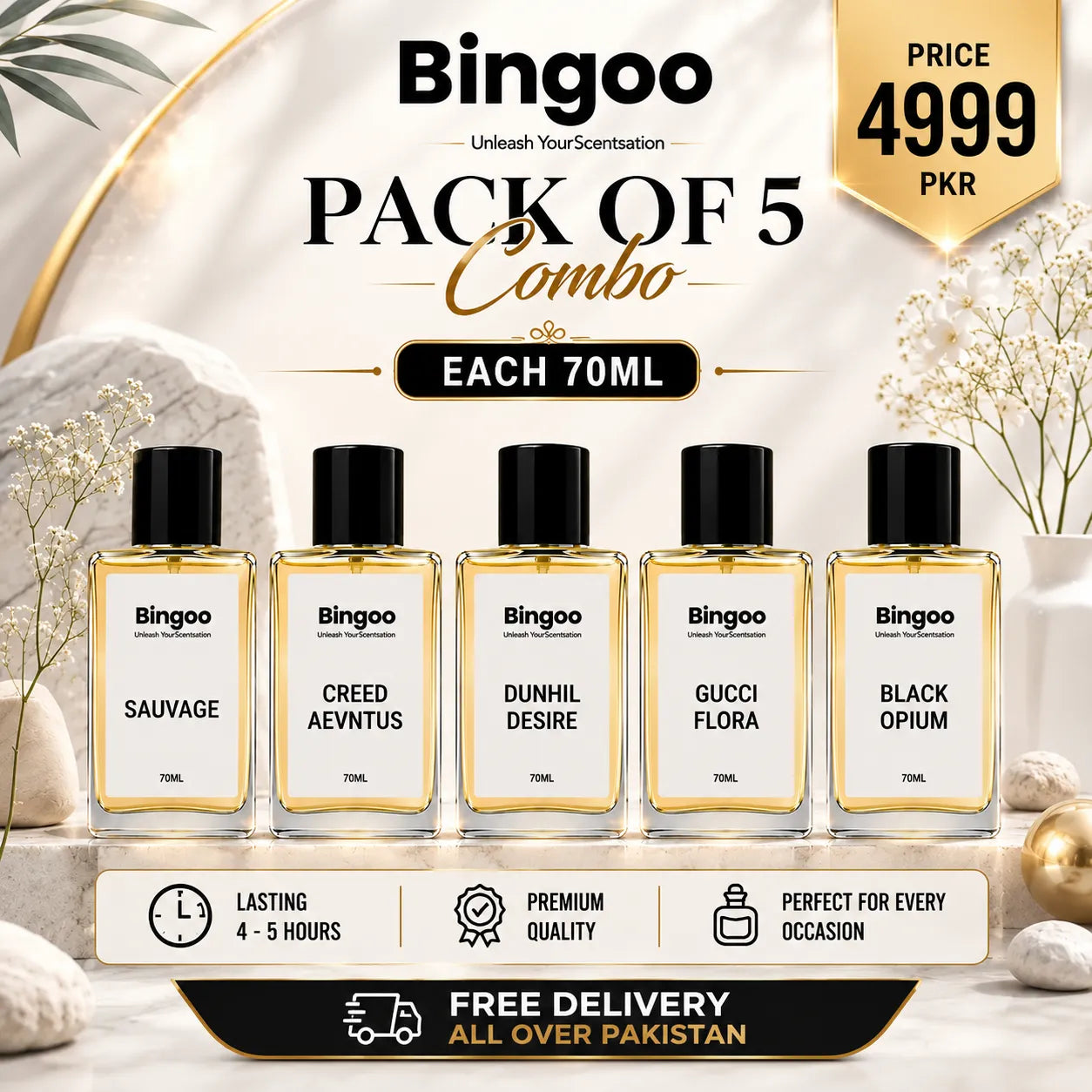 Pack of 5 Combo 70ML - SAUVAGE - DESIRE - AVENTUS - FLORA - OPIUM