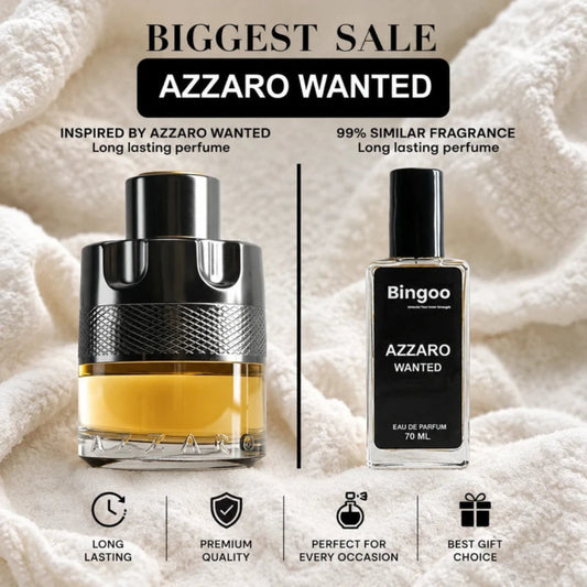 Promotional product graphic for Azzaro Wanted perfume, showing two bottles side by side on a soft white textured fabric background. The left bottle is a larger amber-yellow fragrance bottle with a black cap and textured midsection, labeled Azzaro Wanted.
